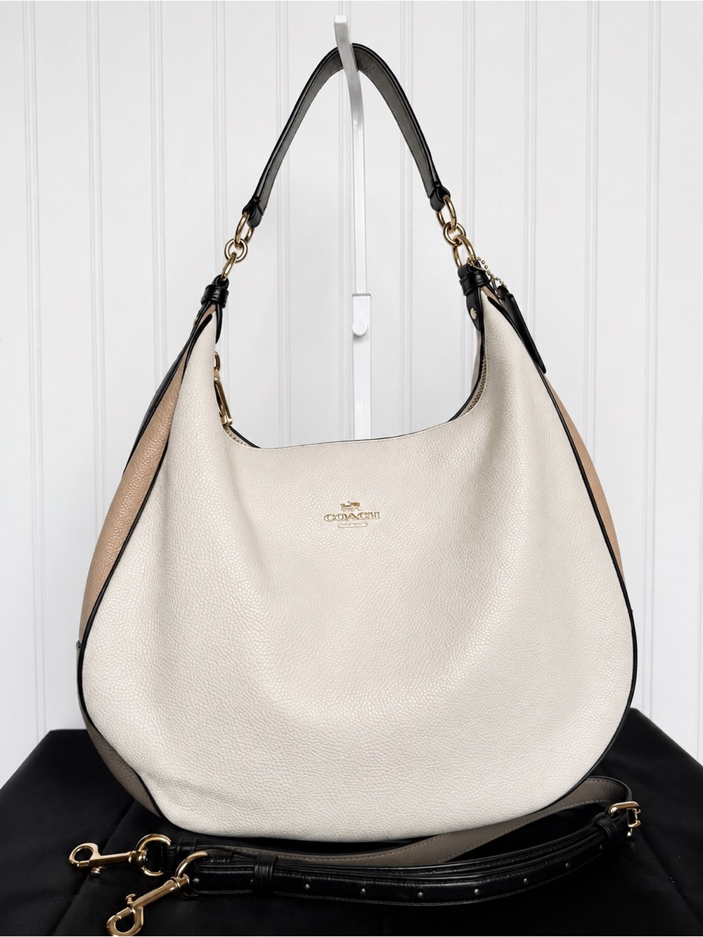 Coach Cream & Tan Pebbled Leather Hobo with Black Trim